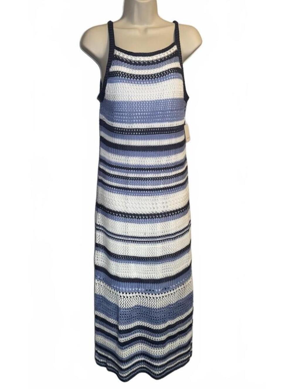 no comment Women’s XL Blue White Striped Knitted Maxi Dress Lined - NWT